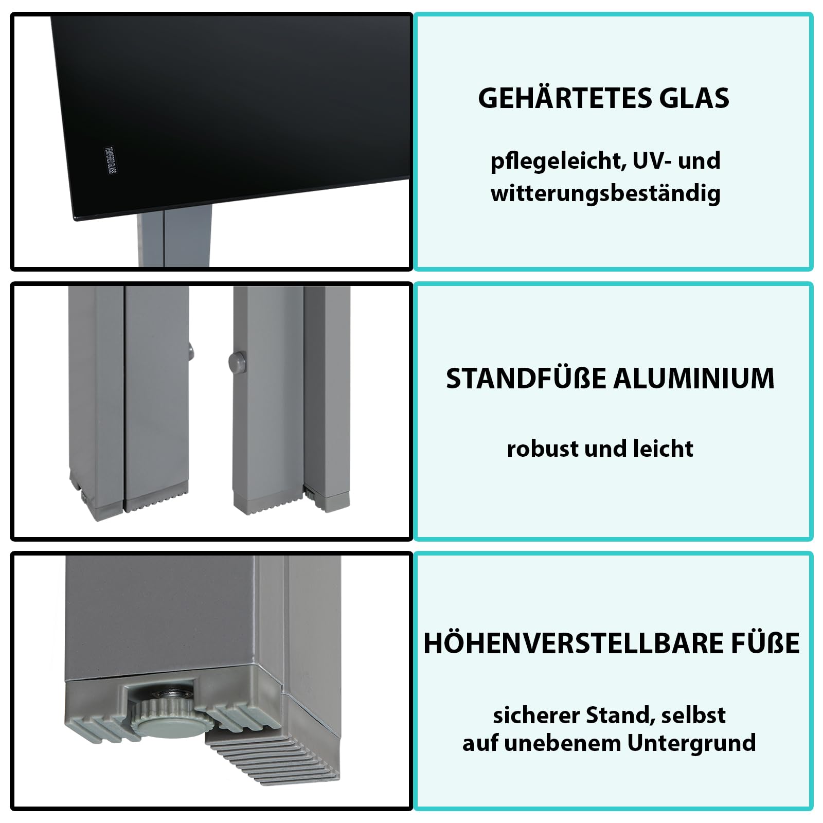 Montafox Garten Esstisch Glastischplatte 150 x 90 x 75 cm Gartentisch 6 Personen Gartenmöbel Tisch Balkontisch Terrassentisch Glas Aluminium Witterungsbeständig