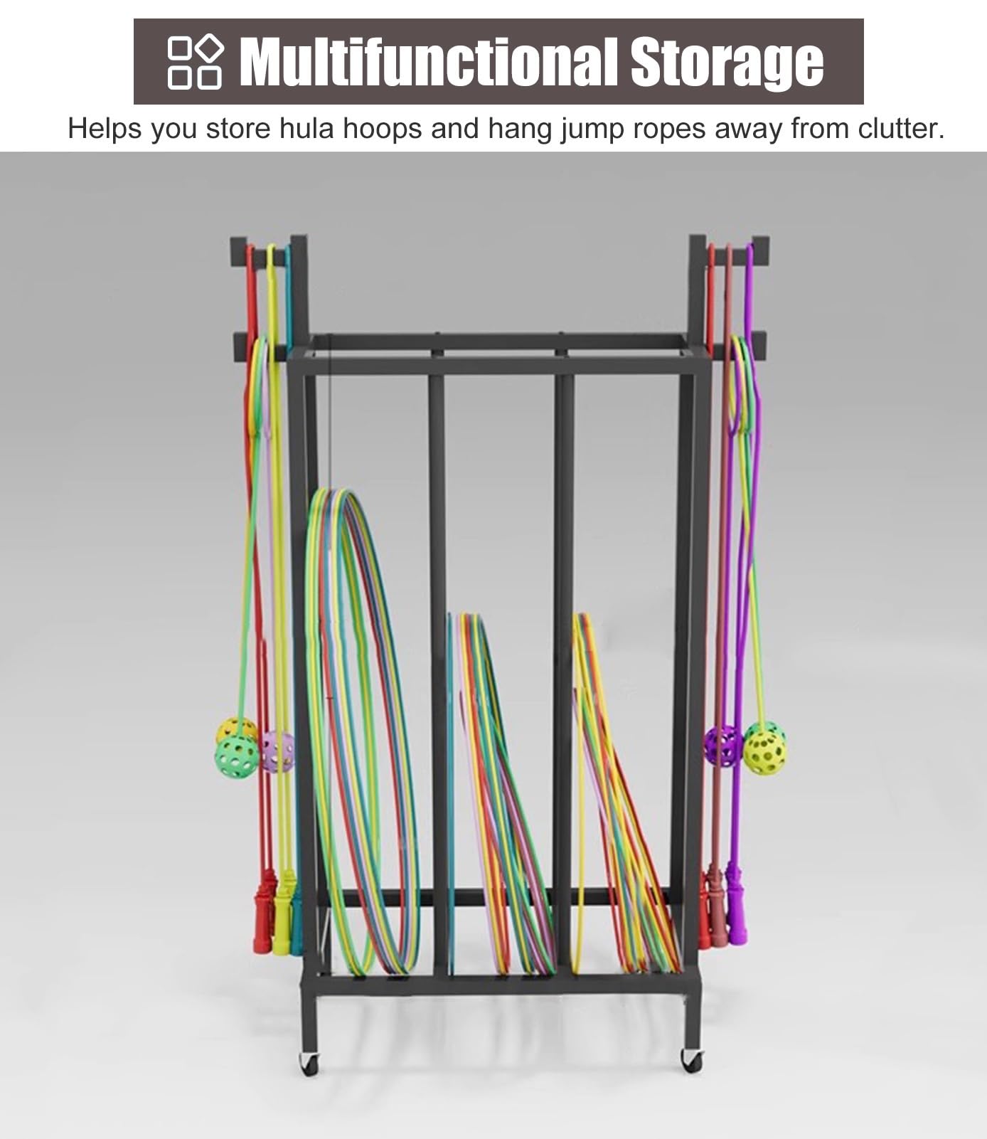 ZIMGOD Hula Hoop Stand Indoor Outdoor Jump Rope Holder, Mobile Sport Equipment Storage Cart, Space-Saving Fitness Hoop Organizer Racks for Yoga Exercise