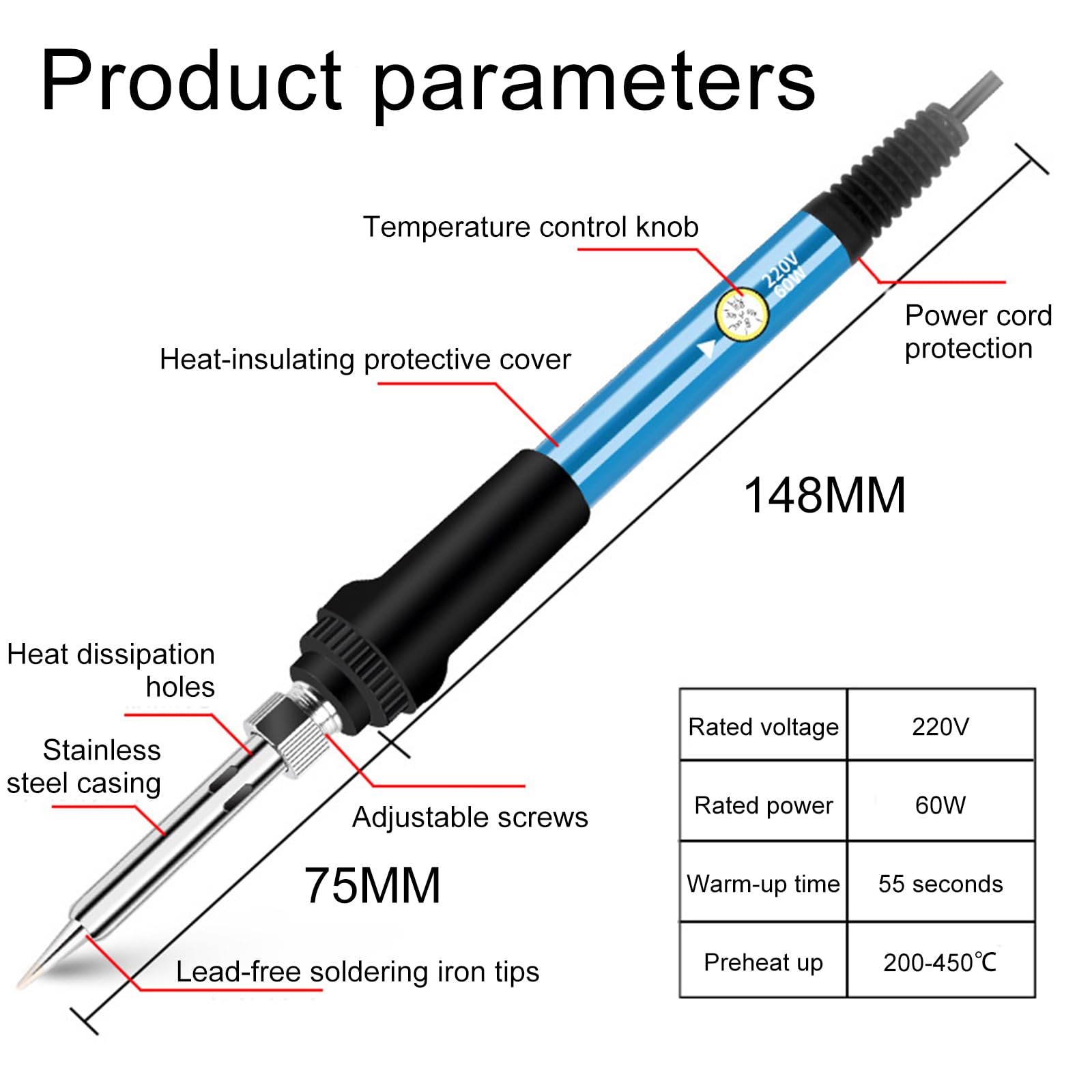Kit Saldatore 60W Con 5 Punte | Temperatura Regolabile 200-450°C | Per Riparazioni Elettroniche - Foto 12