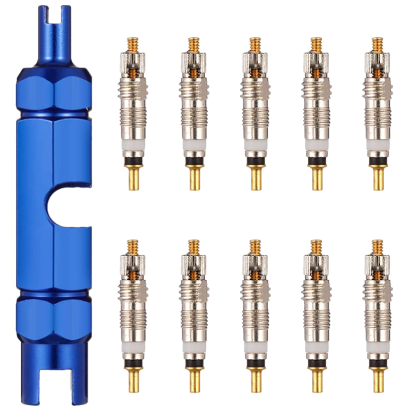 10pcs Presta Valve Cores, Replacement Bicycle Presta Valve Remover Tool Kit, Copper Tubeless Presta Valve Core For Universal Road Bike Car Includes Valve Wrench