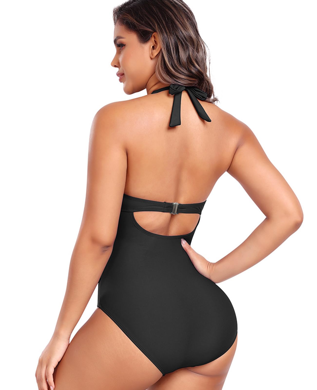 Rayson Costume da Bagno Donna Intero Costumi Curvy Modellante Push Up Scollo a V Costume Mare Sexy Reggiseno con Ruche Beachwear con Cinghia da Collo