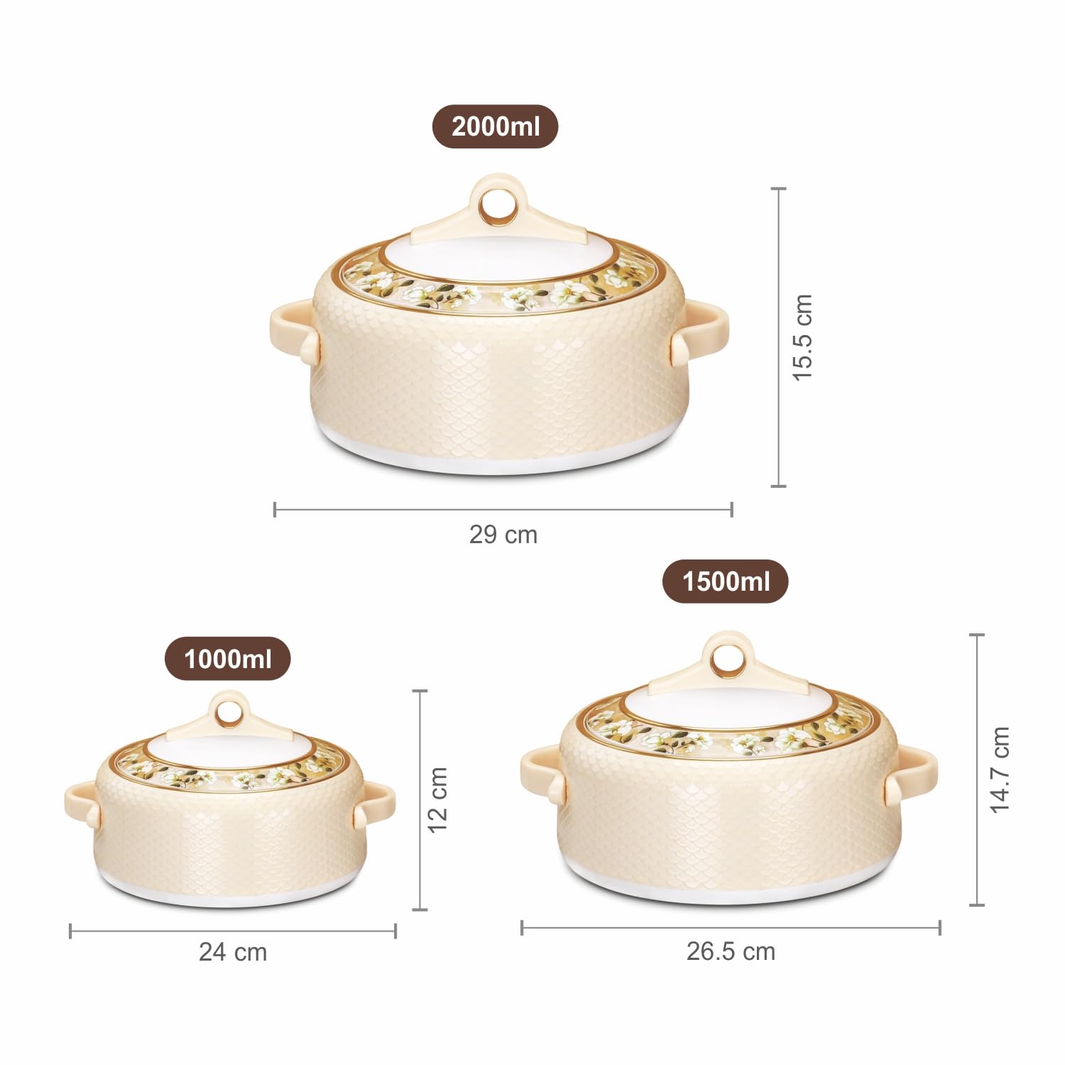 Nayasa Coral Insulated Inner Stainless Steel Casserole Set of 3 (1000ml, 1500ml, 2000ml) - Cream 2