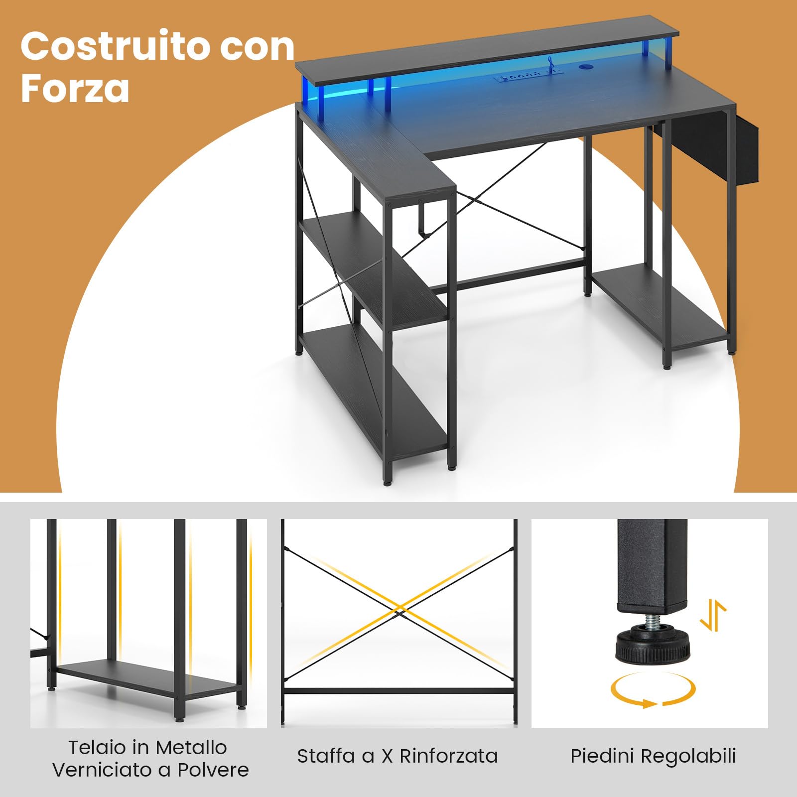 COSTWAY Scrivania Angolare da Gaming, Scrivania Salvaspazio a Forma di L con Luci LED, Stazione di Ricarica, Ripiani e Supporto per Monitor, Scrivania ad Angolo per Casa e Ufficio (Nero)