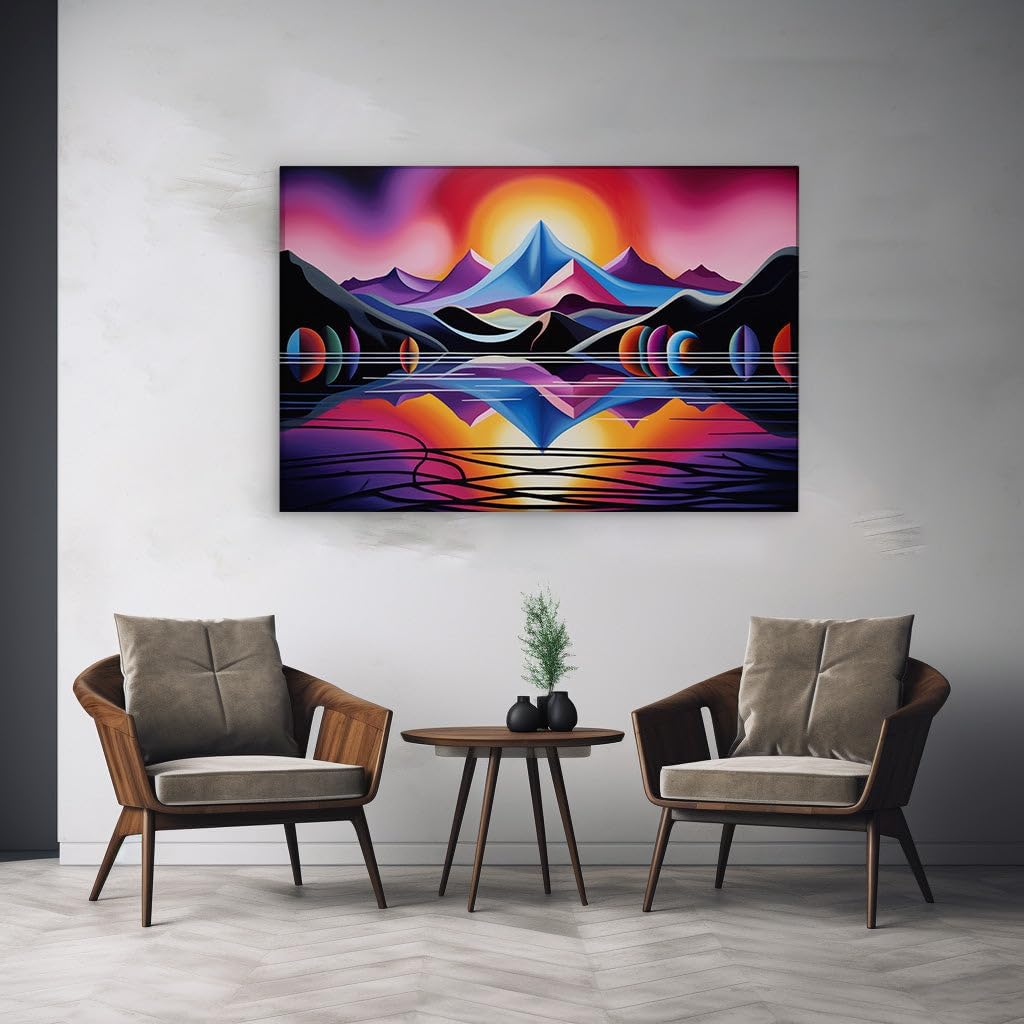 Canvas for Living Room. Sunset Serenade Over The Digital Mountainscape, 27 x 18 inch Canvas Wall Art - Surrealistic Visions - Modern Home Decor