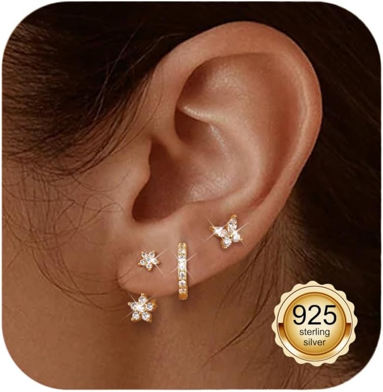 Jstyle14K Gold Earrings for Women S925 Sterling Silver Earrings for Multiple Piercings Cartilage Stud Small Hoop Dainty Earrings SetCarbonfree Certified