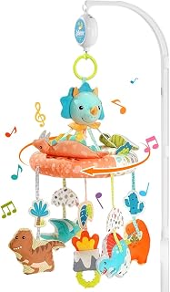 Jollybaby Nursery Baby Automatic Rotating Dinosaur Crib Mobile with Music Box & Arm, Montessori Sensory Musical Hanging Toy for Bassinet, Newborn Clip on Crib Mobile Soother Toy Gift, Polyester