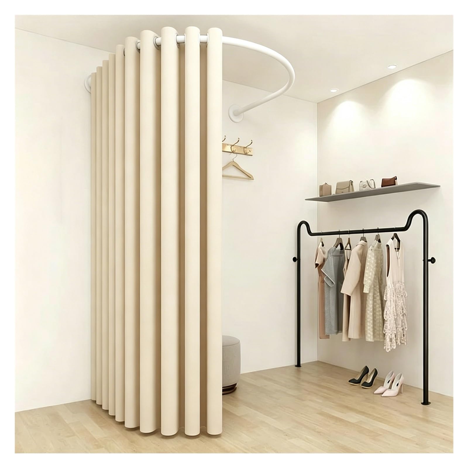 ZJKXJH Boutique Fitting Room Partition Curtain Rod, Wall Mount U Shaped Heavy Duty Curved Rail for Clothing Store, Privacy Partition Curtain Rod(With A Curtains,White Rod 140cm/55.1in)