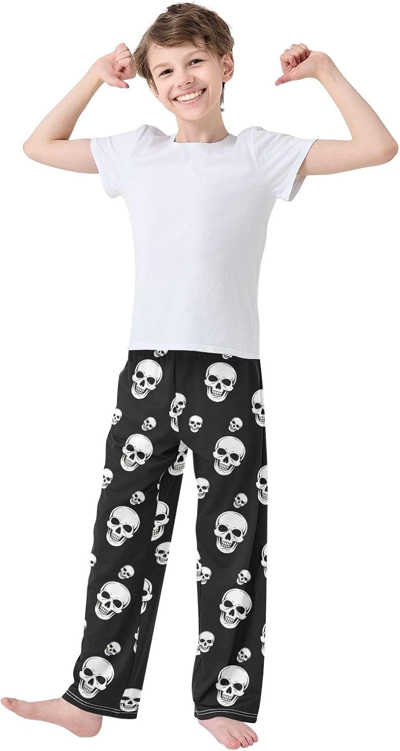 White Skull Black Pajama Pants Soft Modal, Cozy Lounge Sleepwear, Elastic Waist with Pockets