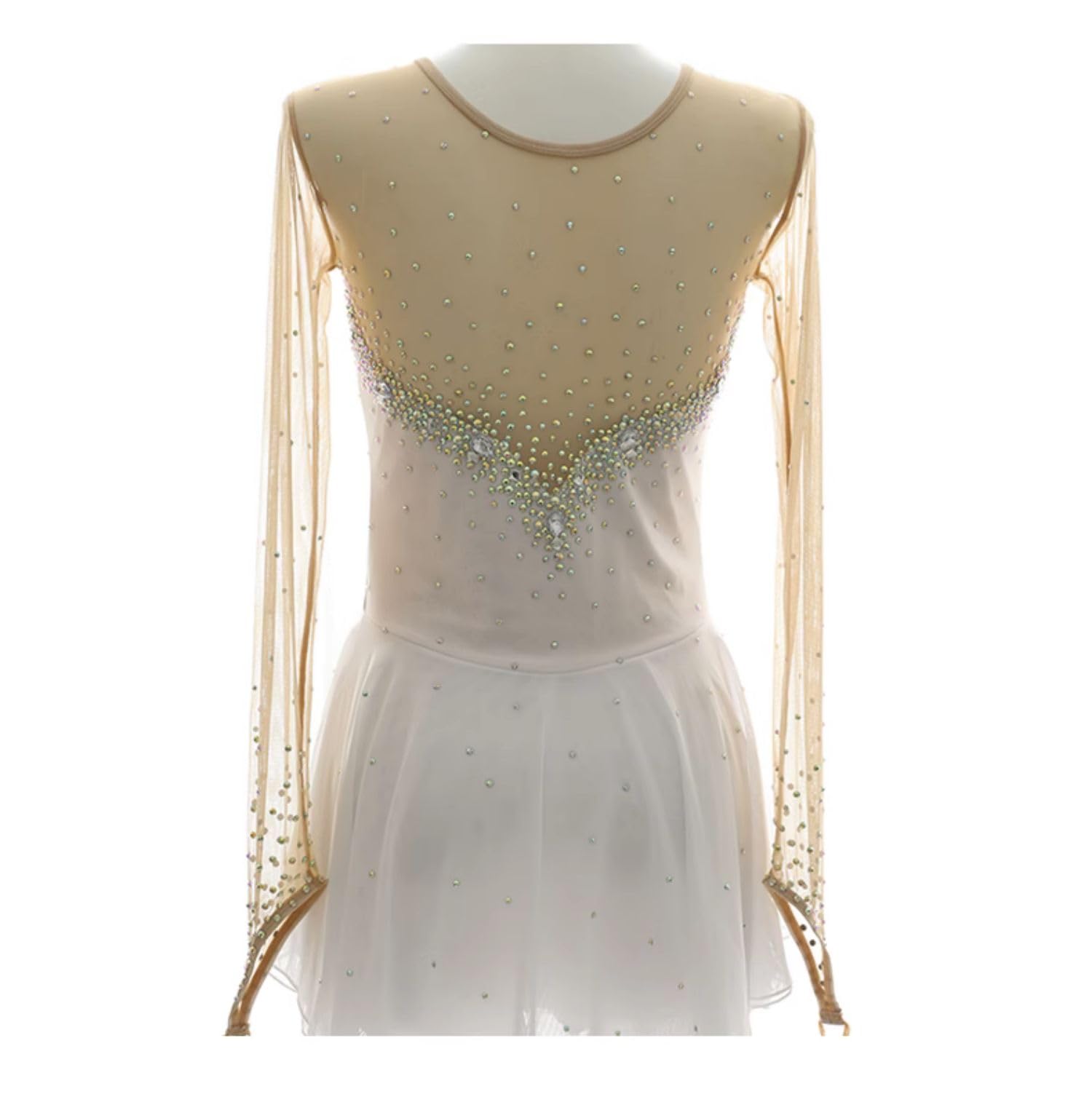 purpleq Damen Eiskunstlauf Kleid Kinder Mädchen Weiß Lange Ärmel Handgefertigter Eislauf Performance Rock Strass Patchwork Kürkleid Kurz Tanzanzug Wettbewerb Tanzkostüm