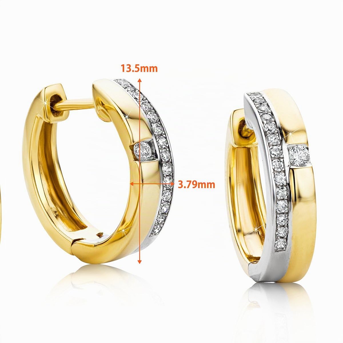 OROVI Ohrringe Gold-9 karat (375) Gelbgold/Weißgold– Diamant Creolen Gold 13.5 mm, Goldene Creolen Damen, Hypoallergene Ohrringe, Kreolen mit Diamanten, Schmuck Damen, Goldschmuck-mit edler Schmuckbox