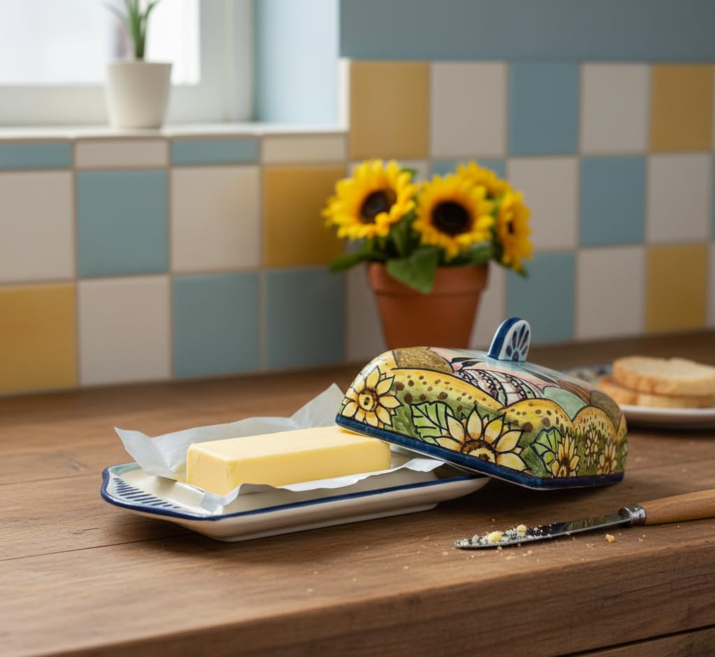 CERAMICHE D'ARTE PARRINI- Italian Ceramic Butter Dish Hand Painted Decorated Sunflowers Landscape Made in ITALY Tuscan Art Pottery