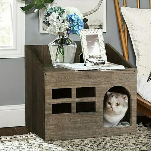 AG SHOPEE Wooden Cat House with Hidden Bed Decorative Pet Furniture with Side Table Design Indoor Cat Hideaway with Windows and Entry Door Rustic Brown