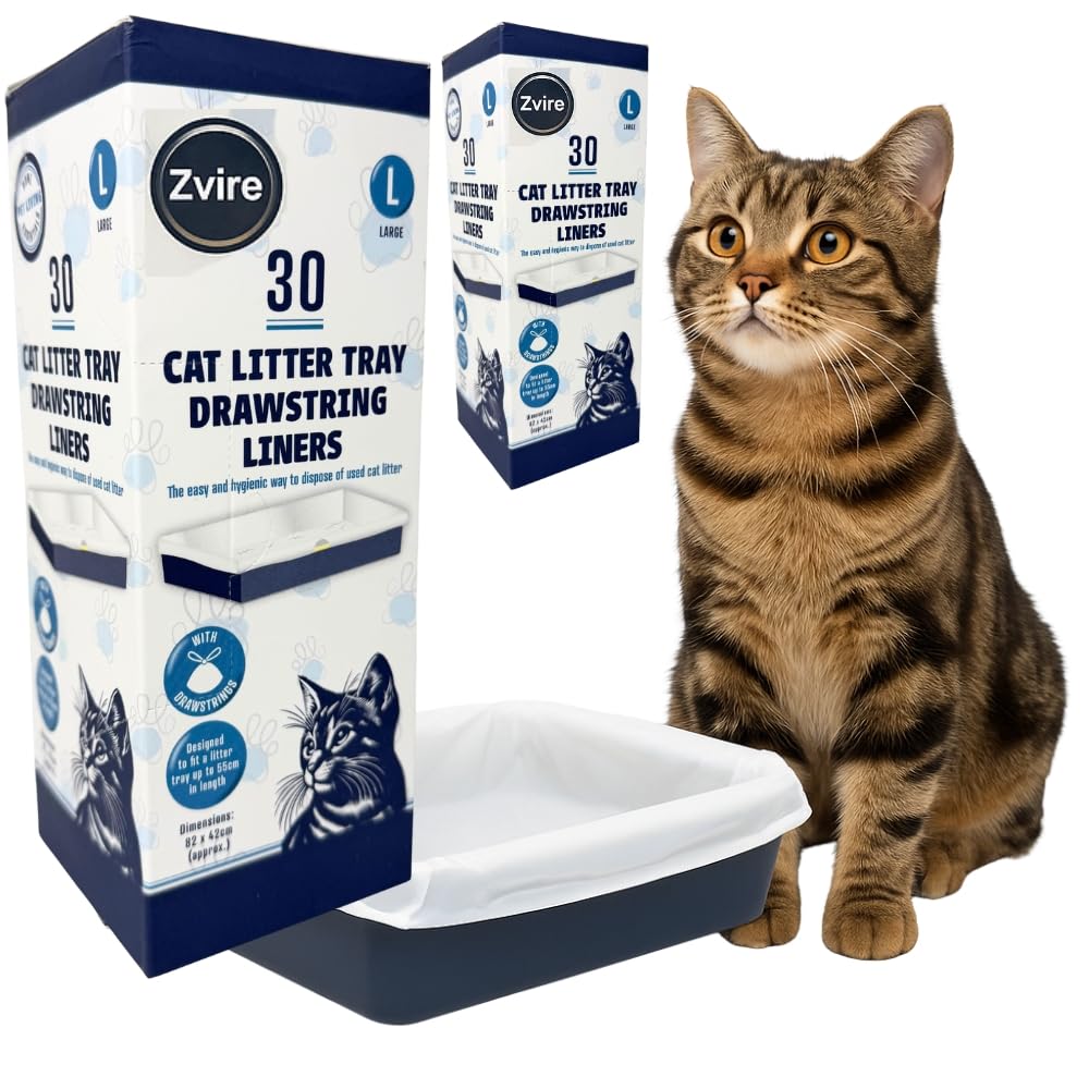Cat Litter Tray Drawstring Liners 30 Pack – 2 Pack (60 Total) | Large Cat Tray Liners with Drawstring | Easy Clean, Leak-Proof, Hygienic Waste Disposal | Fits Trays Up to 55cm Zvire
