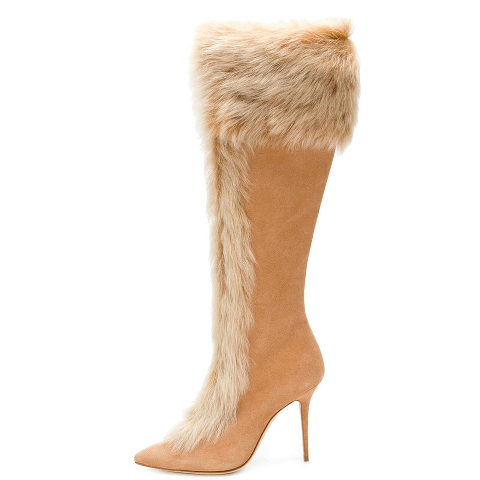Womens High-heeled Over The Knee Boots Rabbit Fur Sweet High-end Knee-high Winter Pointed Toe Thick Heel Long Boot