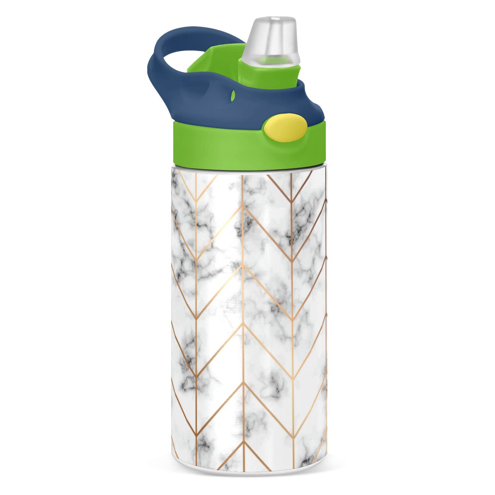 Luxury Black White Marble Texture with Golden Geometric Lines Tumbler with Lid & Straw, Boys Girls Stainless Steel Double Wall Cup Water Bottle BPA-Free Vacuum Insulated Thermal Mug 11.8 Oz