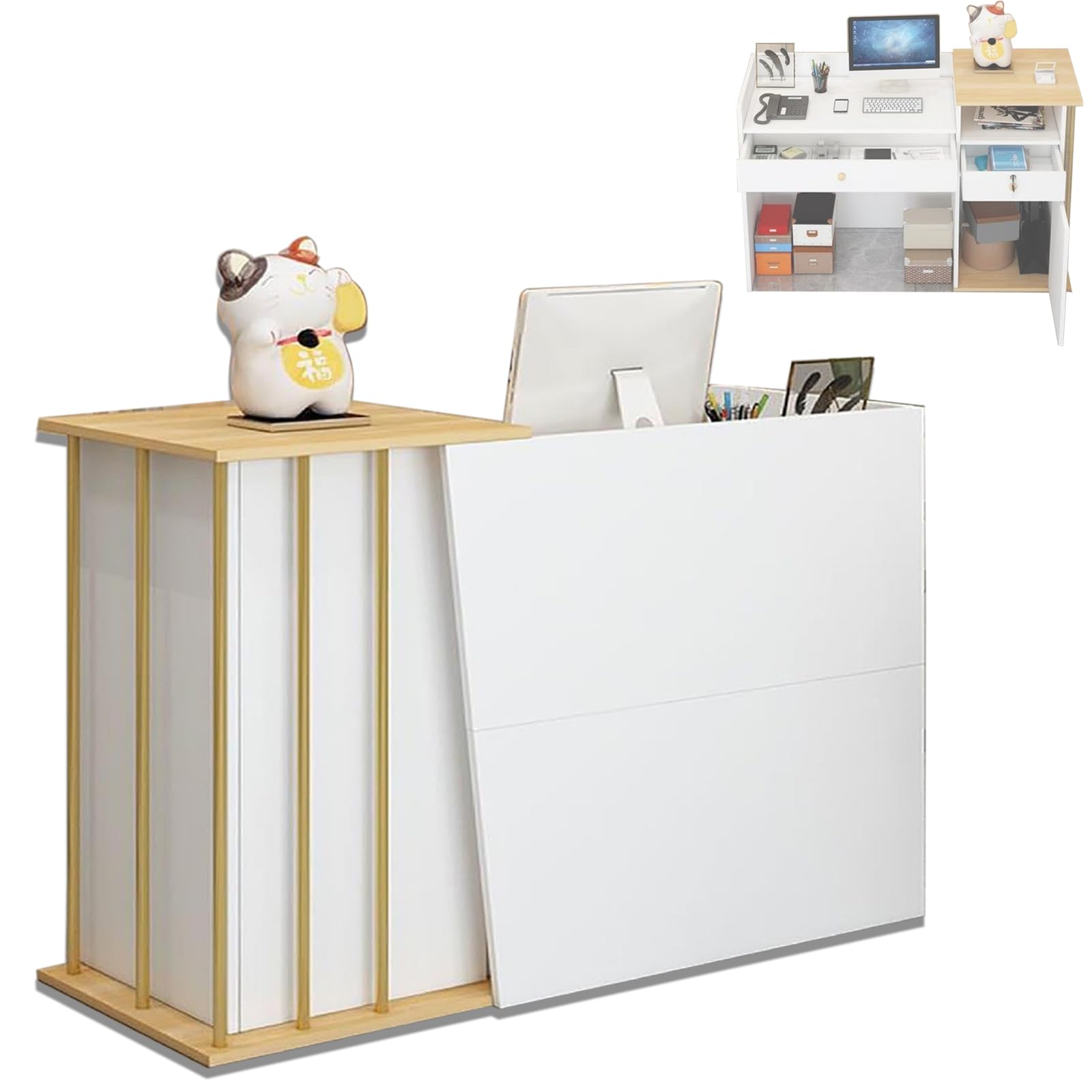 Banco reception, banco di reception, banco di negozio, banco di vendita, mobili da ufficio con cassetti e armadio, 100/120/140×40×90 Cm(Size:120x40x90cm,Color:Bianco caldo)