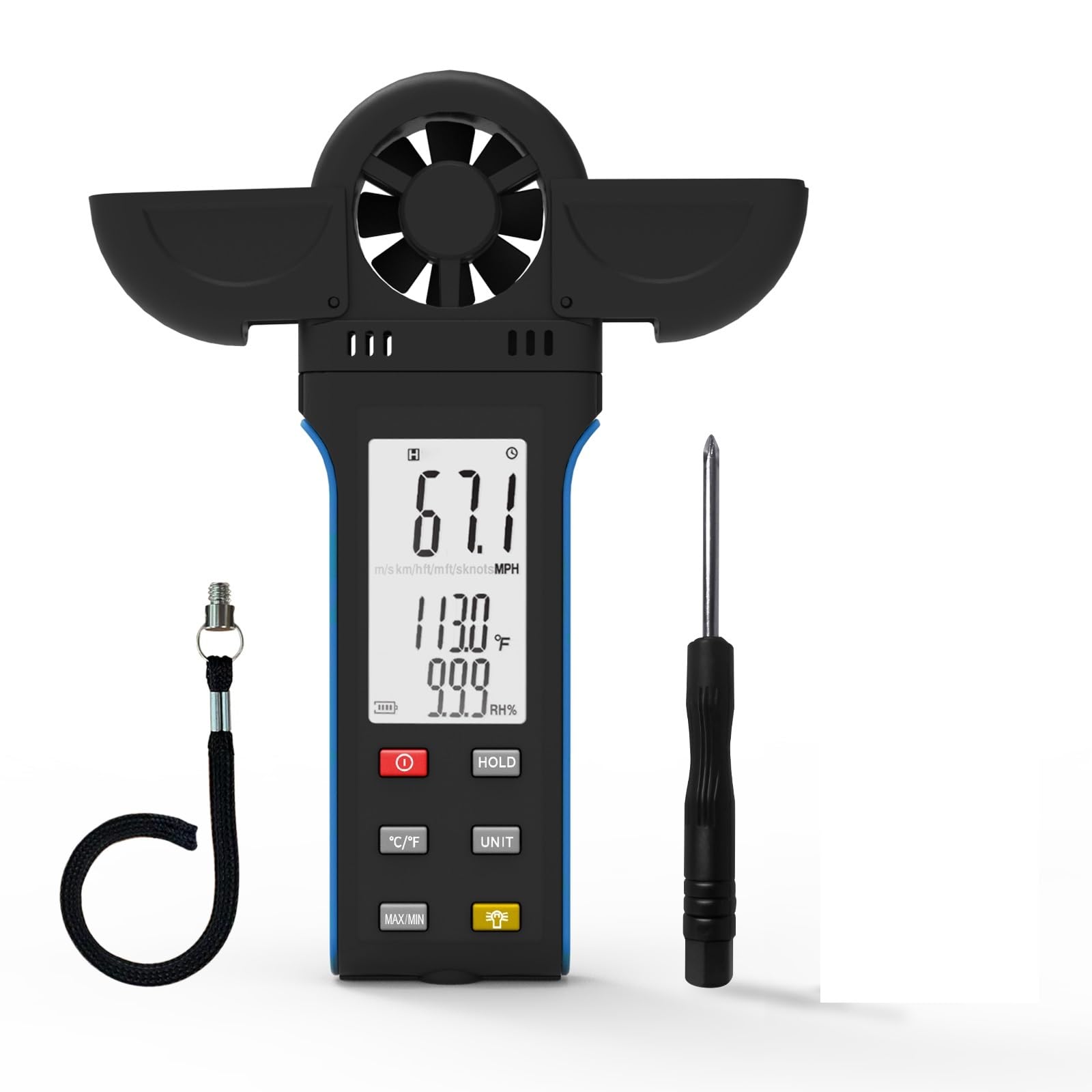 Anemometry, Cyfrowy anemometr ręczny z obrotowym detektorem o 270° i podwójną pokrywą wiatrowskazu, 6 jednostek prędkości wiatru