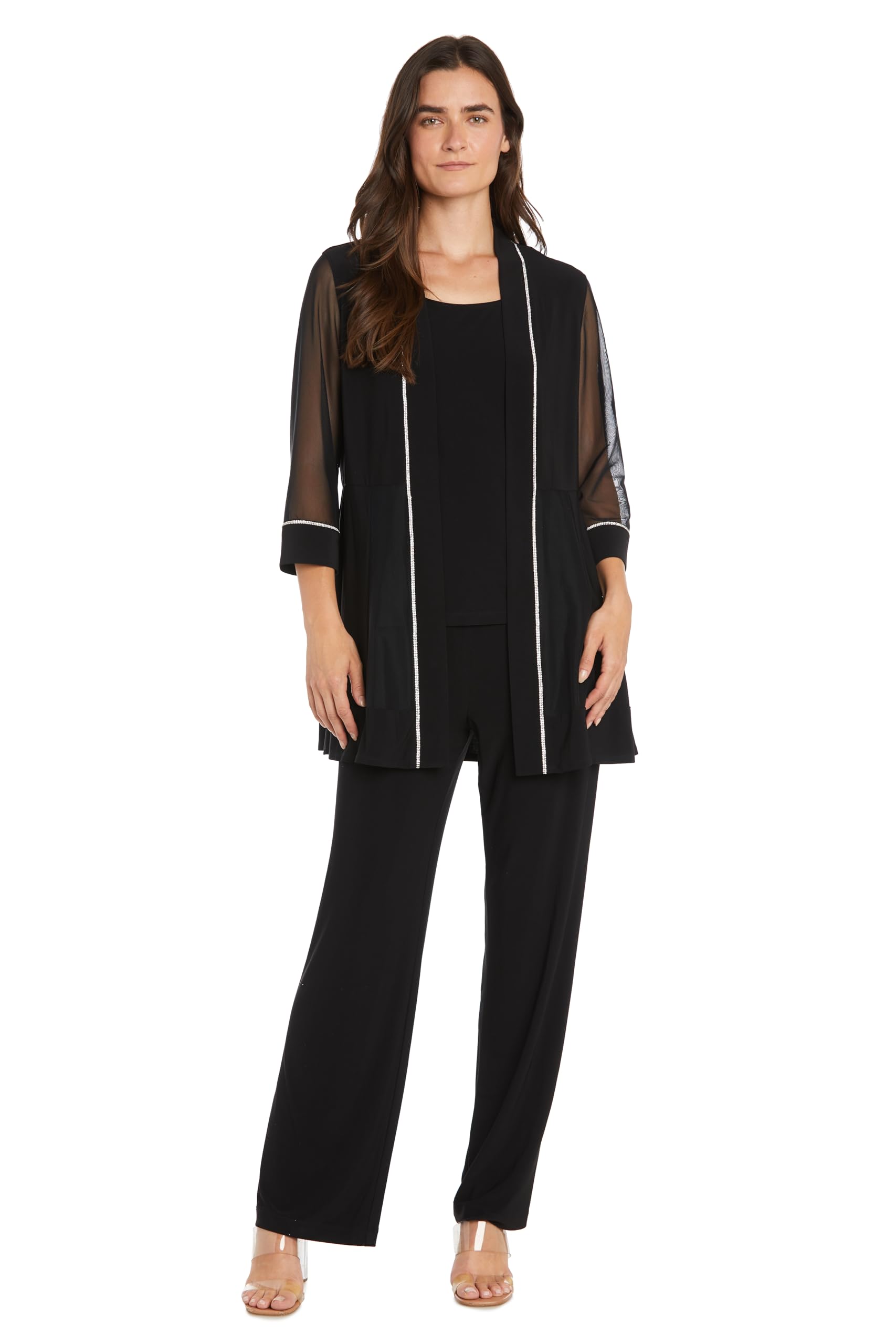 2-Piece Rhinestone Mesh Jacket Pull-On Pants Set - 3 4 Sleeve Elegant Evening Outfit