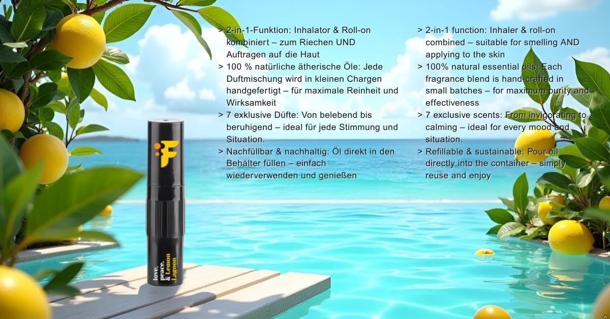 FIOROMA Premium inhalator do nosa z roll-on – kij do aromaterapii ze 100% naturalnymi olejkami eterycznymi – 7 wariantów zapachowych – przenośny i wielokrotnego użytku (Lemon La Lagoon)