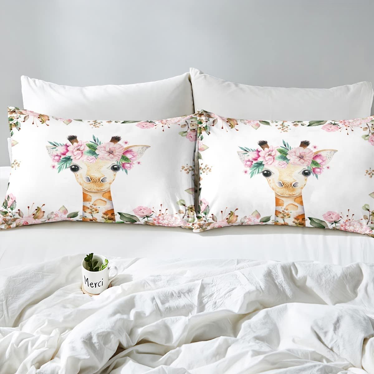 Homewish Drap Housse 90x190 Enfant Girafe Mignonne, Drap De Lit 1 Personne Rose Pour Fille Femme, Ensemble De Draps-Housses Animaux De Dessins Animu00e9s, Parure De Lit Peau De Girafe Sauvage