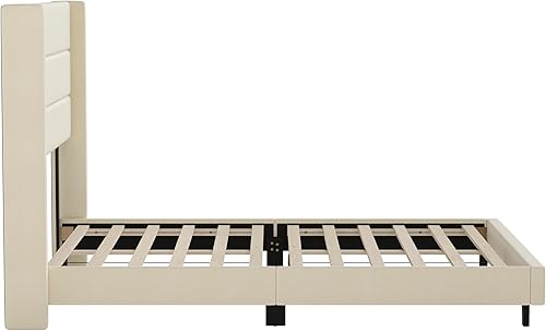 Miniatura 8 de Merrick Lane Percy - Cama de plataforma moderna, lino sintético beige, tamaño Queen, cabecero acolchado con respaldo con alas cosidas de canal,