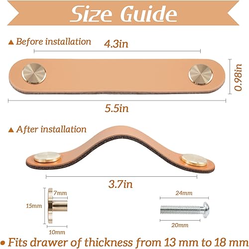 Miniatura 2 de Paquete de 4 tiradores de cuero para cajones, color beige, pomos de puerta de armario de 3.7 pulgadas, tiradores de cuero para tocador, armario,