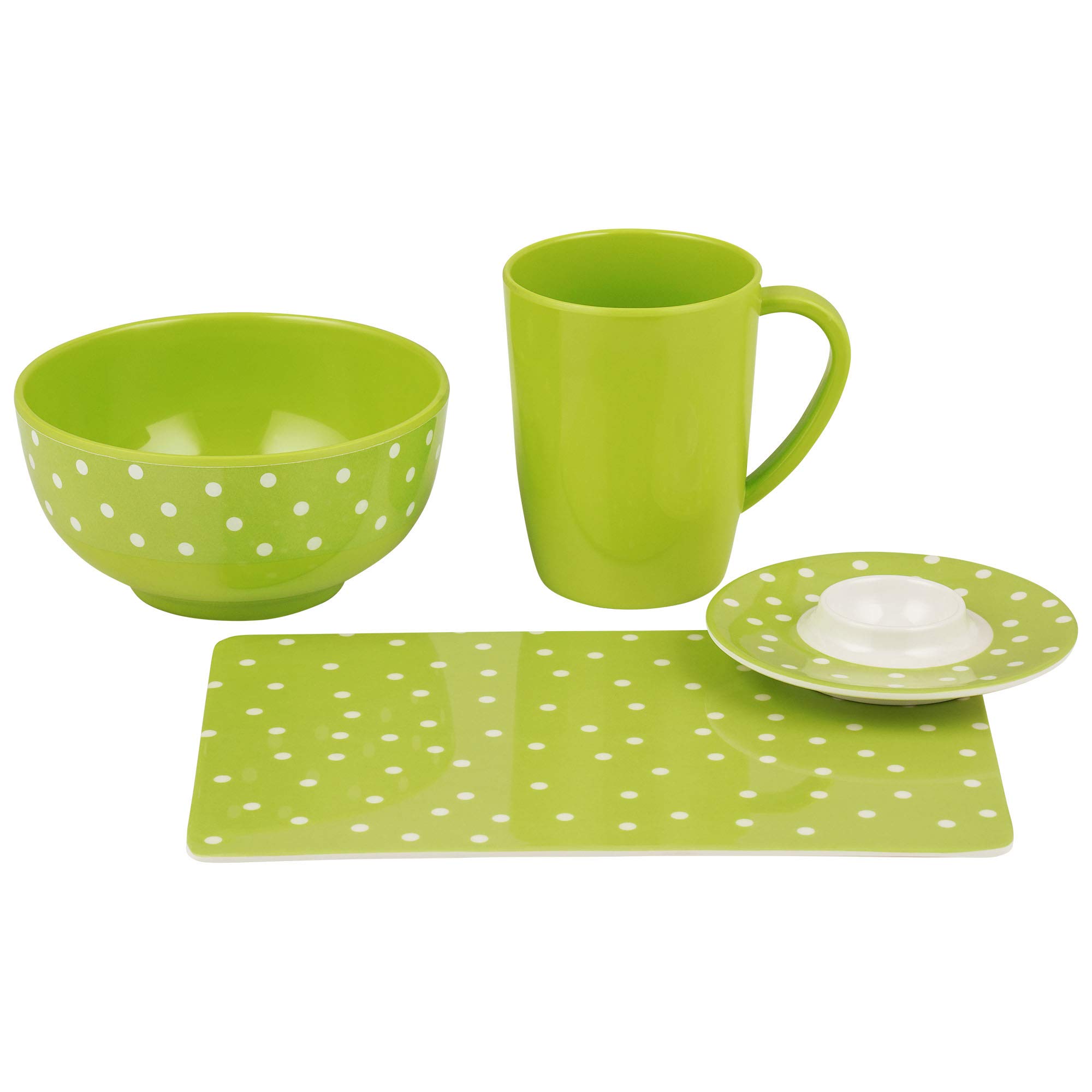 Melamin-Set Campinggeschirr Green Dot, 28-teilig, 100 Prozent Melamin, frei von BPA, Camping Geschirr Set, 4 Personen, Kunststoff,