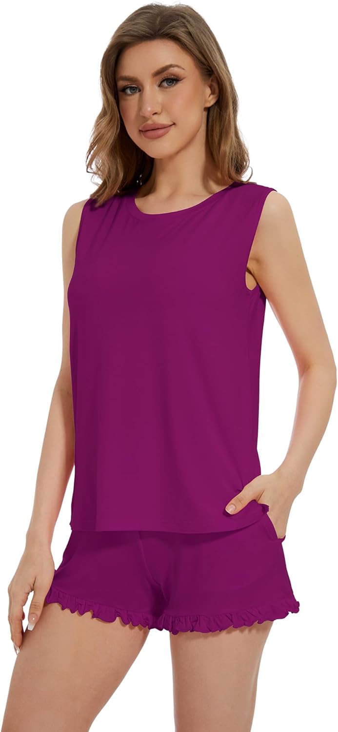 WiWi Pajama Set for Women Bamboo Viscose Sleeveless Tops with Shorts Pjs Sets Soft Summer Sleepwear Pj S-XXL