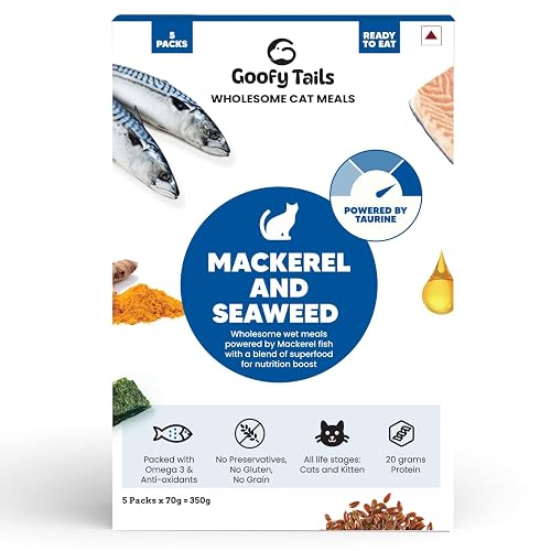 Goofy Tails Mackerel and Seaweed Wet Cat Food and Kitten Food, 1050g (70g X 15 Pouches), Preservative Free, Gluten & Grain Free, Balanced Cat Wet Food, Powered by Taurine with Omega 3 & Antioxidants
