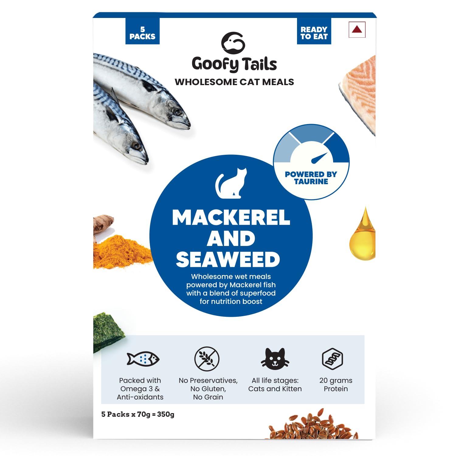 Goofy Tails Wet Cat Food and Kitten Food, Mackerel and Seaweed 350g (70g X 5 Pouches), Preservative Free, Gluten & Grain Free, Balanced Cat Wet Food, Powered by Taurine with Omega 3 & Antioxidants