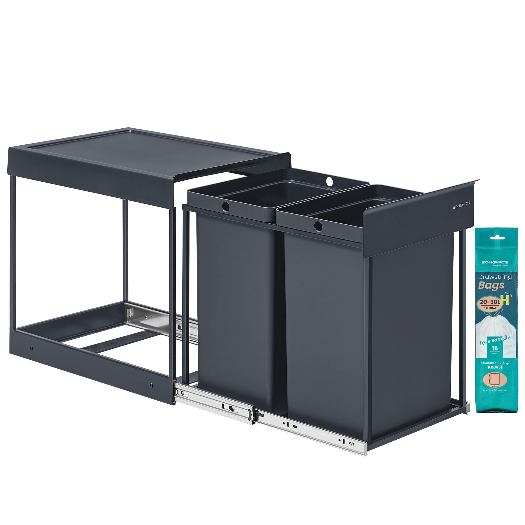 SONGMICS Kitchen Bin for Recycling and Waste, Built-in Rubbish Bin for Cabinet, 2 x 5.3 Gallon (20 L) Double Compartments, Smooth Pull-Out Design, Steel Frame, ABS Lid, Grey LTB951GZ01