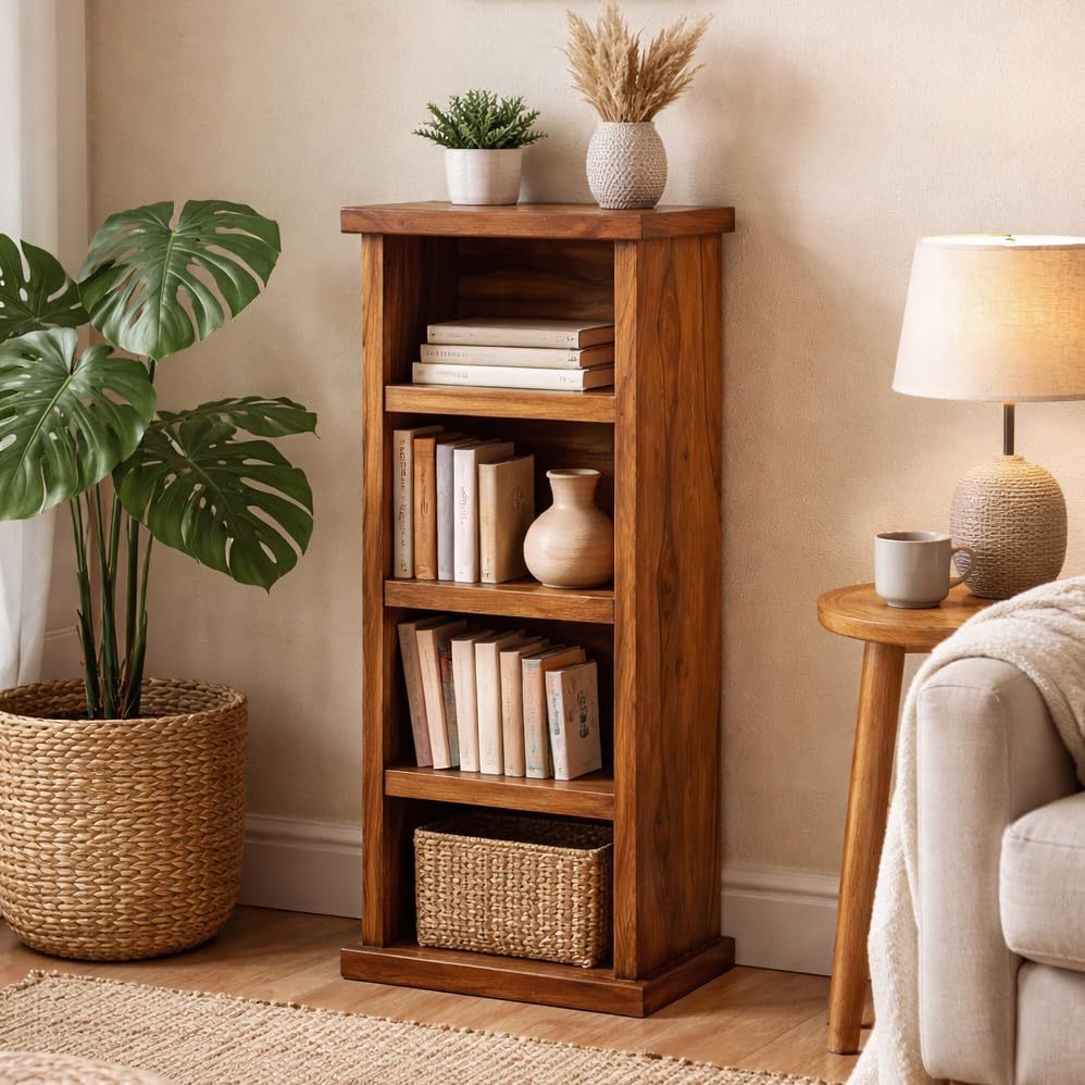 ANGEL FURNITURE Solid Sheesham Wood Space Saver Bookshelf – Honey Finish (46X23X110CM)