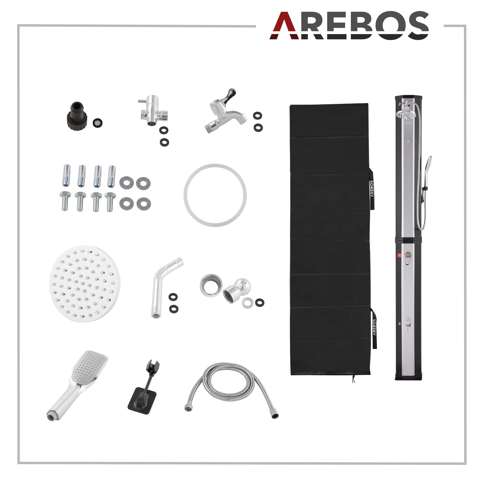 Arebos Ducha Solar de 60 l, con Ducha de Mano y termómetro, Temperatura del Agua hasta 60 °C, Ducha de Piscina para Camping, Cabezal de Ducha Redondo, tecnología Snap-in, Incluye Cubierta