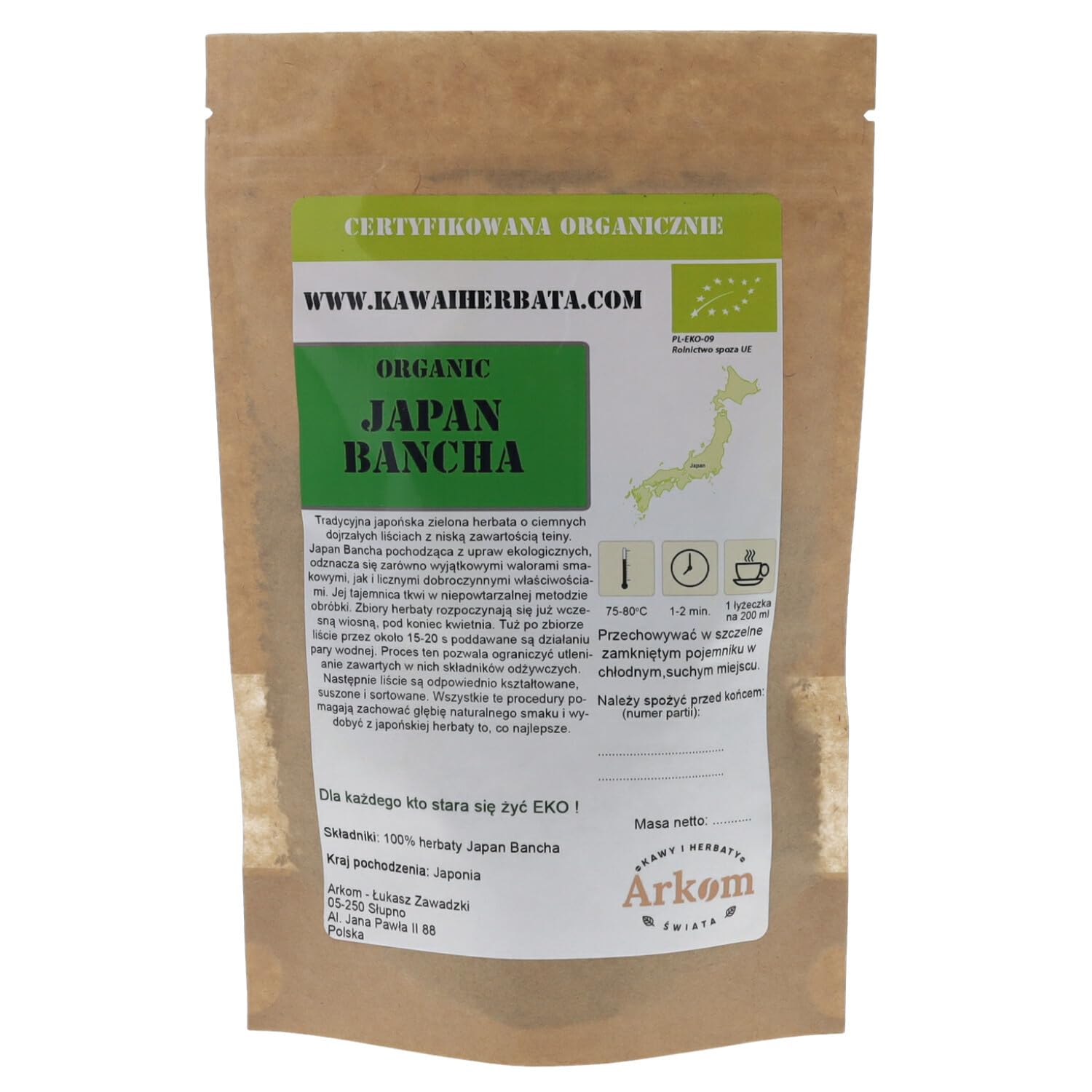 Arkom Herbata zielona Bancha Japan Organic liściasta 1 kg
