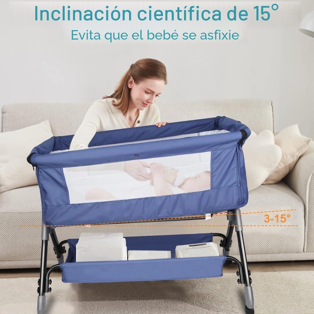 OHMG Bed multifunción 3 en 1,Cuna colecho y Parque,para niños de hasta 15 kg,con Ajuste de Altura de 5 Posiciones,con colchón,Correas de sujeción y Ruedas (Azul Tibetano (104x52x103-115cm))