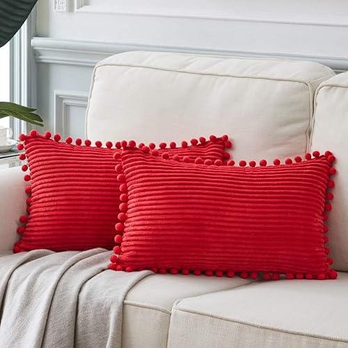 Fancy Homi - Paquete de 2 fundas de cojines, de pana suave y decorativas, con pompones, cuadradas, de color liso, fundas de cojines para sofá,