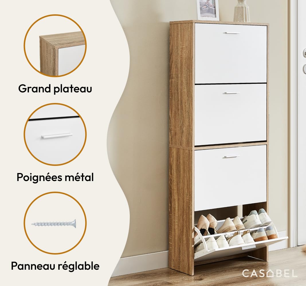 CASABEL Meuble à Chaussures Compact 24 Paires, Blanc et Bois Clair