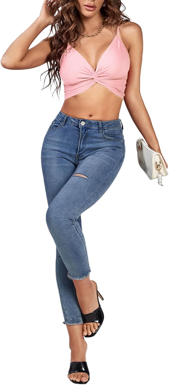 LYANER Women's Twist Knot Front Deep V Neck Rib Knit Sleeveless Cami Tank Crop Top - Image 6