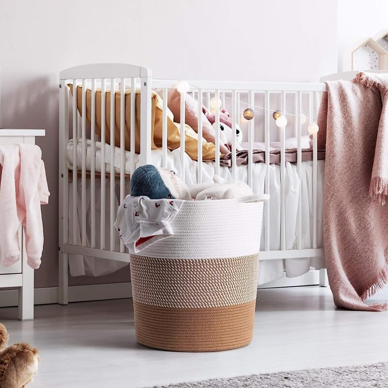 Image of Large Basket Natural Cotton Rope Storage Basket and Hamper for Cloths and Multi Usage in Living Room, Bedroom, Laundry Room (Size - 14 inch x 14 inch x 16 inch) (White Beige Tiranga)