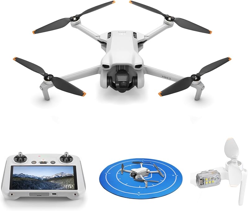 Mini 3 Drone with Screen Remote with Strobe Light, Landing Pad | 3-Axis Gimbal, 4K HDR Video, 38-Min Flight Time, up to 32800ft (10km) Video Transmission, Vertical Shooting, GPS Auto Return