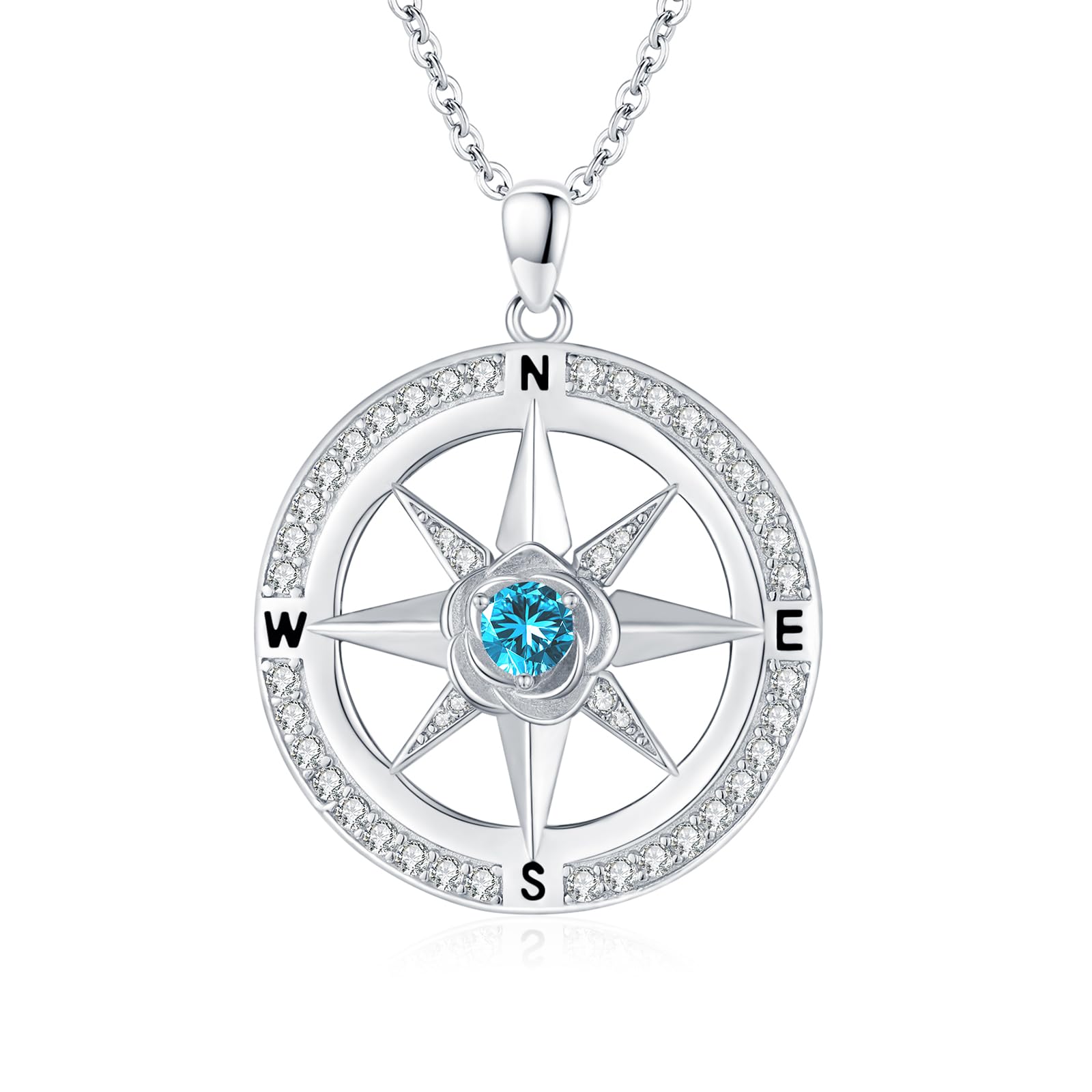 Brisskaari Christmas Gifts for Women, Compass Necklace 925 Sterling Silver Blue Birthstone Compass Pendant, Nautical Jewelry Gift for Wife/Girlfriend