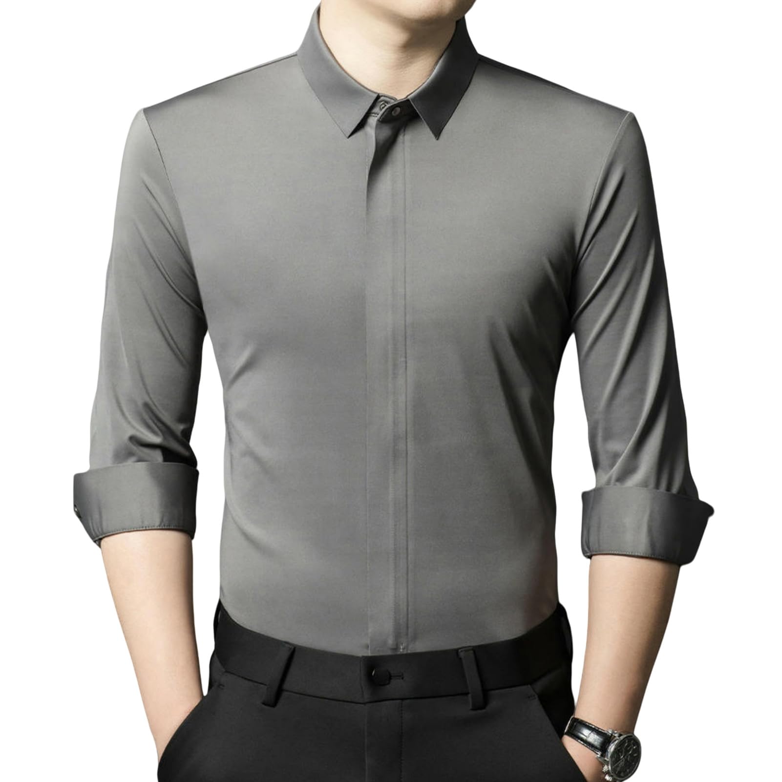 Camisa de manga larga para hombre, con solapa, sin costuras, solapa oculta, cremallera