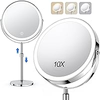 UBYMET Rechargeable Lighted Makeup Mirror - 8" 1x/10x Double-Sided Magnifying, 3 Color Lights, Height Adjustable 360° Rotation Vanity Mirror