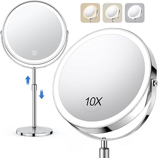 UBYMET Rechargeable Lighted Makeup Mirror - 8" 1x/10x Double-Sided Magnifying, 3 Color Lights, Height Adjustable 360° Rotation Vanity Mirror