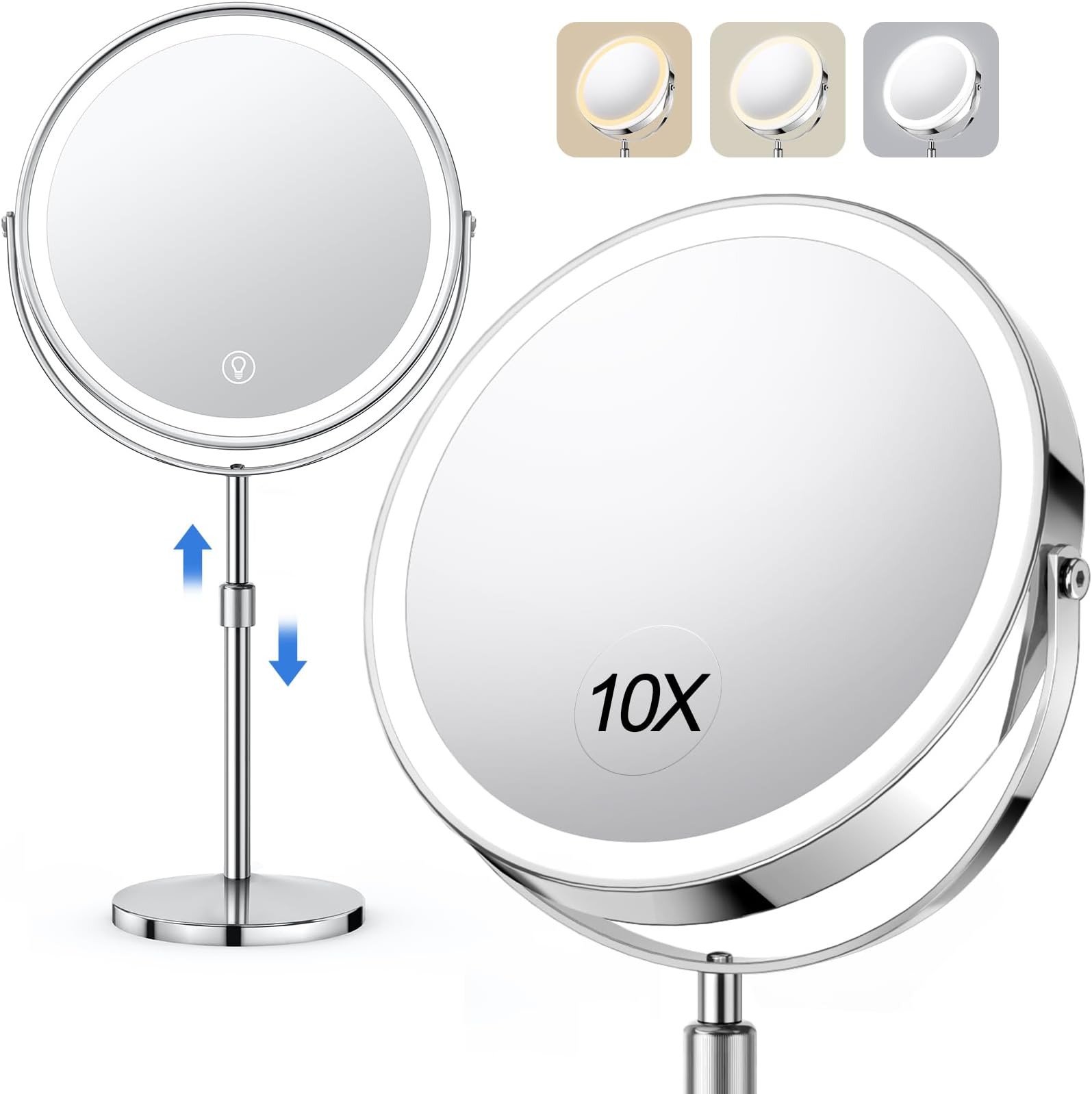 UBYMET Lighted Makeup Mirror, Rechargeable Height Adjustable Double Sided, 1x/10x Magnifying with 3 Color, Brightness Adjustable, 360° Rotation Vanity, Gift for Women