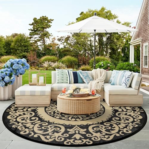 Homcomoda Round Outdoor Rugs 10ft Brown Patio Rugs Clearance Reversible Plastic Straw Rugs Waterproof Lightweight Outdoor Rugs Portable RV Camping Mat for Outdoor Porch Deck BBQ Backyard