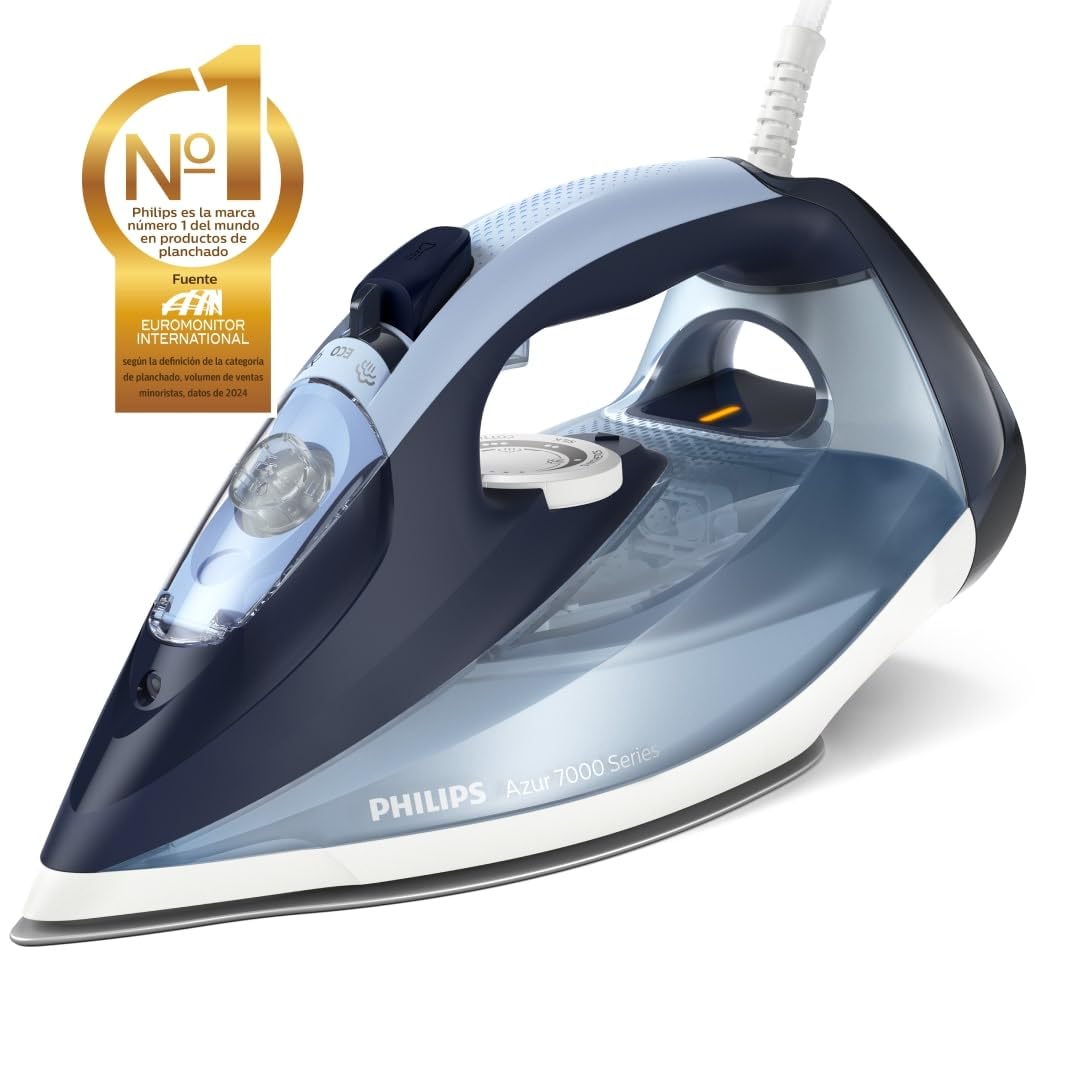 Philips Azur Series 7000 Plancha de vapor - 2800 W, 50 g/min de vapor continuo, 250g de golpe de vapor, vapor vertical, suela SteamGlide Plus, Louros/Algodón Azul (DST7020/20)