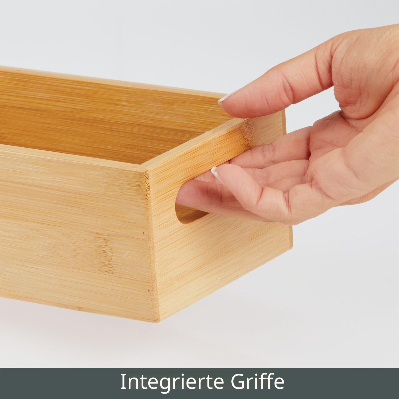 mDesign 2er-Set Aufbewahrungsbox mit Griffen – praktische Holzbox zur Lebensmittelaufbewahrung – für Gewürze, Nüsse oder Flaschen – offene Ablage aus Bambusholz für die Küche – bambusfarben