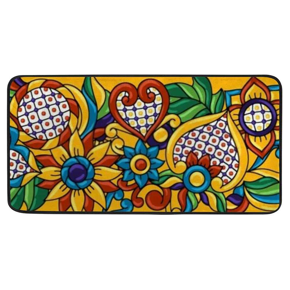 Long Rug Kitchen Floor Mat Carpet Mexican Talavera Flowers Yellow Soft Bath Non-Slip Washable Decoration Living Room Home Bedroom 39×20 Inch