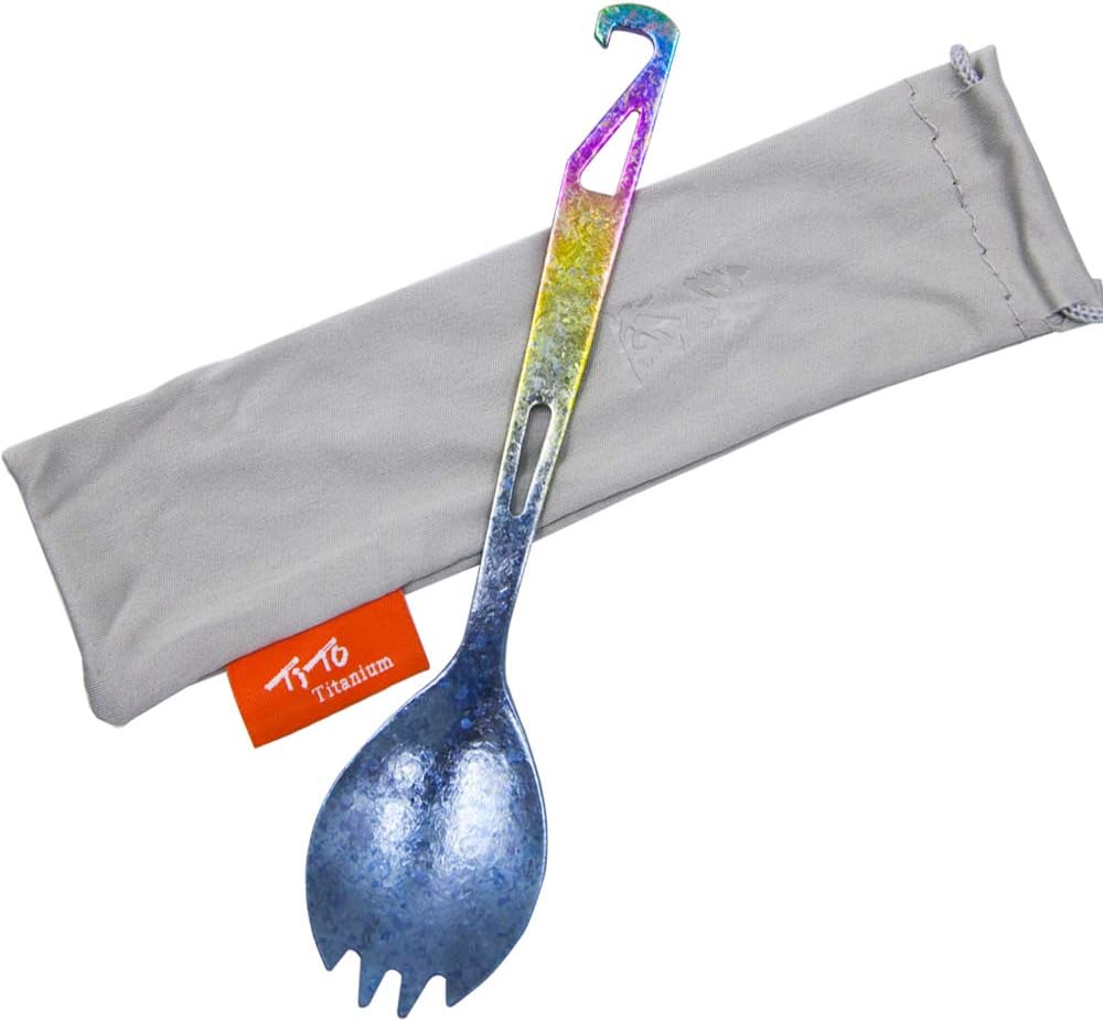 TiTo Titanium Fork Spoon Lightweight Portable Outdoor Dinner Spoon Fork Dinner Cutlery Outdoor Camping Spork with Bottle Opener (Bright Coloful)